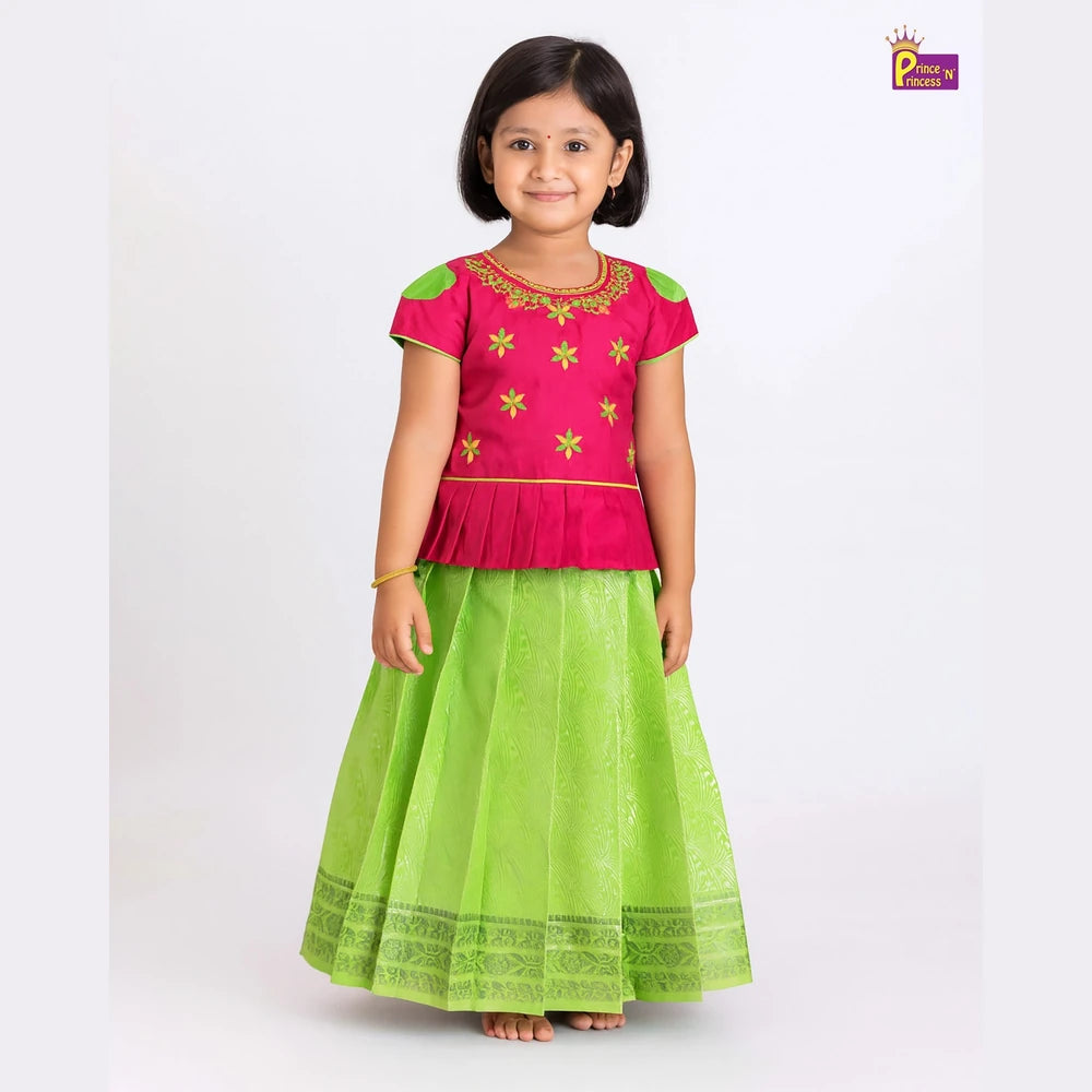 Kids Pink And Green Aari Work Traditional Pattu Pavadai PPP1180